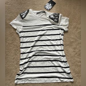 New Zara Stripe top shirt blouse jewel shoulder cadet short embellished medium